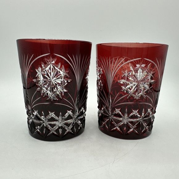 2 Bohemian AJKA Crystal Ruby Red Etched Glasses Snowflake Winter Holiday RARE - Picture 7 of 13